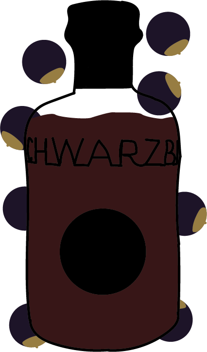 flasche_sticker_cassis_noback Illustration einer dunkelroten Flasche. Hinter der Flasche sind schwarze Johannisbeeren