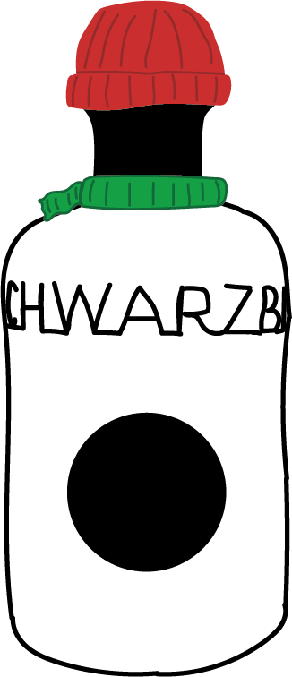 Cuddle Up Illustration einer Flasche. Die Flasche trägt einen Schal und eine Mütze