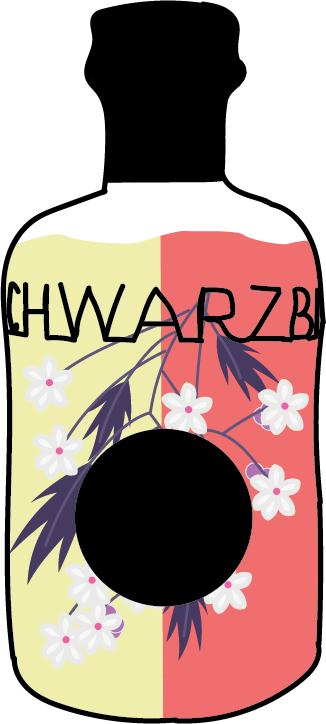 Hollersirup Illustration einer Flasche, die halb gelb und halt rot ist. Auf der Flasche sind Blüten