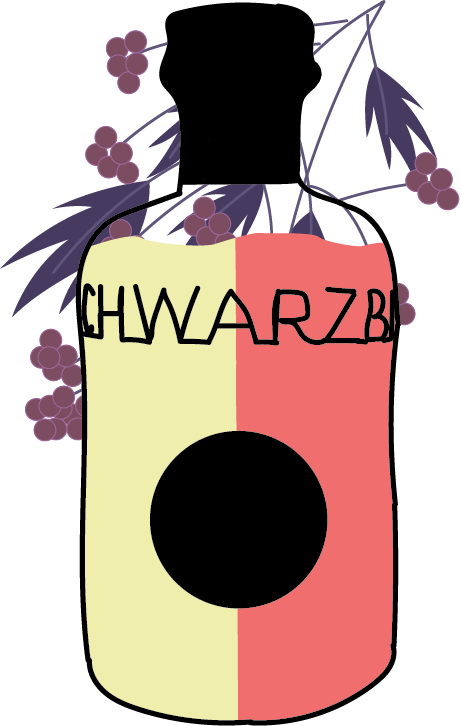 flasche_sticker_holler_noback Illustration einer Flasche. Die Flasche ist halb gelb und halb rötlich. Hinter der Flasche sind Holunderbeeren