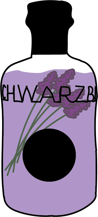 Lavendellikör Illustration einer lilafarbenen Flasche. In der Flasche sind Lavendelblüten