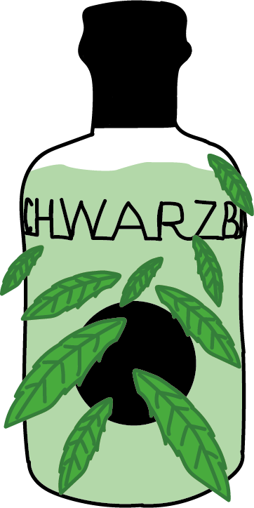 Minzsirup Illustration einer grünen Flasche. Auf ihr sind Minzblätter verteilt