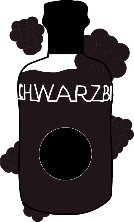 Creme de Mure Illustration einer dunkelvioletten Flasche. Die Flasche ist mit Brombeeren umgeben