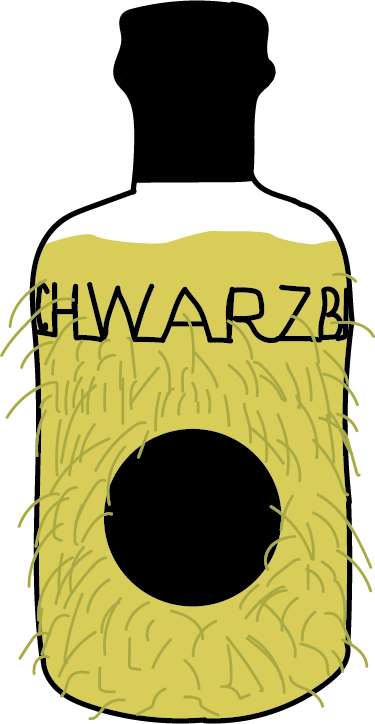 Quittenlikör Illustration einer gelben Flaschen. Die Flasche hat Haare