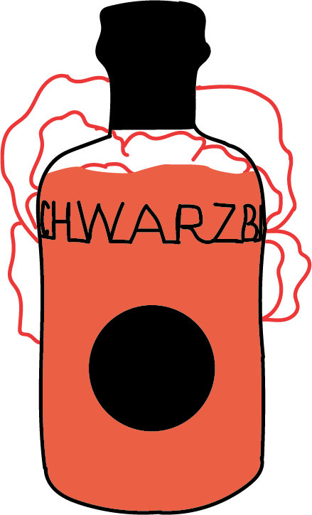 Rosebud Illustration einer roten Flasche. Hinter der Flasche ist die Kontur einer Blüte