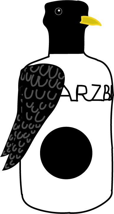 Vogelbeer Illustration einer Flasche. Die Flasche hat Flügel und einen Schnabel