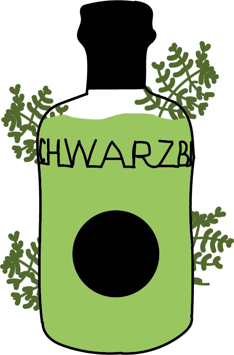 Waldmann Illsutration einer grünen Flasche. Um die Flasche sind Kräuter gezeichnet